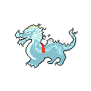 A regal, icy blue dragon with a crown and red saddle strides forward in this detailed pixel art piece. The imposing creature, captured against a void, hints at adventure with a potential rider or baggage on its back.