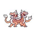 This pixel art showcases a fierce, two-headed dragon with fluffy tails, roaring with both mouths open. Rendered in earthy tones against a stark background, the quadrupedal beast exudes retro charm and fantasy menace.