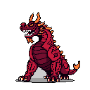 A powerful, red and purple pixel art dragon roars, its intense gaze and fiery color scheme conveying raw power and potential aggression. Seated against a stark black background, the creature's vibrant details and menacing expression command attention.