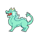 A light blue pixel art dragon roars with stylized charm, its dynamic pose and cool color palette creating a fantastical, game-like vibe. The dragon, detailed with white claws and yellow horns, stands out against a stark black background.