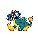 A vibrant, pixelated dragon-like creature bursts into action, wreathed in fiery orange and yellow flames. The mythical beast, rendered in cool teal hues with a flowing mane, is captured mid-stride, exuding energy and power.