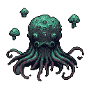 This pixel art features a monstrous, floating eyeball creature with tentacle-like appendages, surrounded by smaller, similar eye-like beings. The unsettling design and cool color palette evoke a sense of alien mystery, reminiscent of a sci-fi or fantasy foe.
