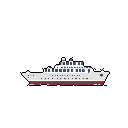 This pixel art image showcases a detailed passenger ship in profile, rendered in cool grays and a striking maroon stripe against a stark black background. The clean, isolated design evokes a sense of simple clarity, reminiscent of a game asset or technical illustration.