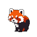 A charming pixel art red panda stands serenely against a black background, its gentle expression and warm color palette creating a cute and inviting image.