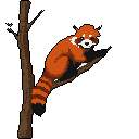 A charming pixel art image depicts a red panda comfortably perched on a branch, its striped tail dangling down in a scene that evokes a peaceful, retro vibe.