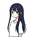 This pixel art portrait captures a young woman with dark hair and a gentle, curious expression. Her simple attire and soft color palette create an innocent and approachable vibe.