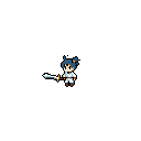 A solitary, blue-haired child warrior stands against a stark black void, wielding a white spear with a golden handle. The minimalist pixel art emphasizes the character's isolation and simple design.