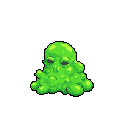 A melancholic green slime creature, rendered in charming pixel art, rests against a stark black backdrop. The simple color palette and lumpy form give it a whimsical yet slightly weary presence.