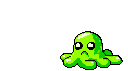 A sad, green, pixelated octopus-blob sits isolated against a black void, its downcast expression hinting at a melancholic yet playful mood. Its glossy texture and vibrant green hues pop against the stark background.