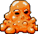 A bright orange, amorphous blob creature with vacant eyes dominates this pixel art image, its unsettling yet cartoonish form highlighted by stark white reflections. The glossy, semi-transparent being features octopus-like appendages and a vaguely humanoid shape.