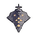 A top-down pixel art spaceship, rendered in muted grays and purples with subtle yellow accents, floats in the stark blackness of space, hinting at advanced technology and interstellar travel.