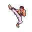 A pixel art martial artist executes a powerful high kick, his focused expression and traditional gi hinting at a moment of intense training or combat. The limited color palette and retro style evoke a classic video game aesthetic.