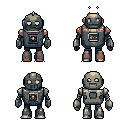This pixel art showcases four uniquely designed, retro-futuristic robots in a 2x2 grid. Each robot features distinct details and a muted color palette, evoking a nostalgic and slightly melancholic mood.