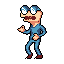 A pixelated man in a blue suit and oversized glasses reacts with comedic shock, his open mouth and raised hand conveying exaggerated surprise. The limited color palette and simple design emphasize his cartoonish posture and the suddenness of his reaction.