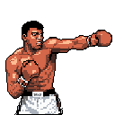 This pixel art captures Muhammad Ali in a dynamic boxing pose, delivering a powerful punch. The simple color palette and stark black background emphasize his focused expression and muscular build, evoking a sense of raw power.