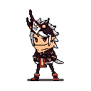A stoic, chibi-style character with a futuristic edge strikes a confident pose, showcasing a sharp white mask and glowing red-orange accents against dark, earthy tones. The design hints at a warrior or adventurer, ready for action.