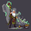 A pixel art wizard, cloaked in green and wreathed in ethereal green mist, stands ready to invoke magic with his ornate staff. The aged sorcerer's serene yet powerful presence is further emphasized by a broken magical artifact at his feet, hinting at forgotten lore.