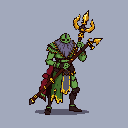 An imposing, green-skinned undead warrior wielding a golden bident stands ready, his tattered garments and vibrant red cape hinting at a dark past and formidable power. This detailed pixel art figure exudes a sense of ominous antiquity, reminiscent of a classic RPG character.