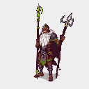 A powerful, dark-skinned warrior or mage with a long white beard stands ready, wielding an elaborate staff and trident. Glowing neon green accents adorn his armor and weapons, adding a touch of arcane energy to his stoic presence. The detailed pixel art evokes a classic RPG feel with a vibrant, modern twist.