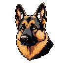 This pixel art portrait captures the alert and watchful gaze of a German Shepherd, its classic black and tan markings rendered in a nostalgic, blocky style against a stark black background. The image evokes the breed's inherent dignity and loyalty.