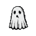 A pixel art ghost with a doleful expression floats in the darkness, its simple design and muted colors evoking a feeling of gentle sadness and nostalgic charm. The lonely spectral figure's slumped posture and downward gaze contribute to its melancholic yet endearing presence.