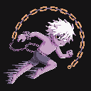 A determined, purple-skinned youth with spiky hair is captured in a dynamic pixel art run, despite being bound by ornate golden chains. Streaks of motion blur emphasize the character's speed and defiant spirit.