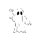 This pixel art image features a simple, white, and slightly shaded ghost with extended arms and hollow black eyes. The cute, classic sprite evokes a nostalgic feeling.