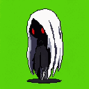 A mysterious, hooded figure with glowing red eyes dominates this pixel art, their face hidden in shadow beneath a stark white hood. The figure's still posture and piercing gaze create an ominous presence.