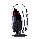 A mysterious, shadowy figure with piercing red eyes lurks beneath a flowing white cowl. The minimalist pixel art and stark contrast create an unsettling and memorable presence.