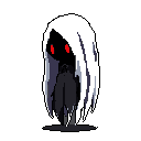 A mysterious, hooded figure with piercing red eyes dominates the frame against a black backdrop. The pixel art's stark contrast and limited color palette create an ominous and intriguing presence.