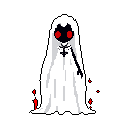 A spectral figure cloaked in white, with piercing red eyes and a cryptic symbol, stands silently against a black void. The minimalist pixel art evokes a sense of unease, hinting at a gothic or otherworldly presence.