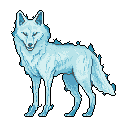 A serene, white pixel art fox with closed eyes stands peacefully, radiating a cool, ethereal glow. The majestic creature, composed of light blue and white hues, exudes tranquility and a touch of mystical beauty.