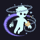 A ghostly cyan figure floats in the darkness, bound by chains and surrounded by swirling purple energy, suggesting a trapped yet powerful ethereal being.