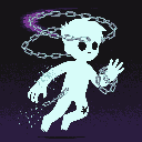 A spectral, chained figure rendered in pixel art struggles against its bonds, its ethereal form glowing with hints of purple against a dark void. The melancholic image evokes themes of confinement and a desperate fight for freedom.