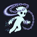 This pixel art depicts a glowing, dynamic figure in mid-motion, its chained wrists trailing swirling energy. The ethereal character, with large black eyes, exudes a cool, electric vibe and hints at supernatural power.