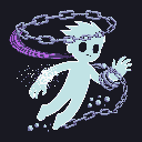 A spectral, light blue figure floats dynamically amidst swirling chains, hinting at a struggle between constraint and freedom. The pixel art ghost is bound by metal, yet dissipates into white pixel dust, suggesting a mystic release.