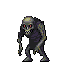 This pixel art showcases a ghoulish, skeletal zombie with glowing red eyes and a menacing grin. The decaying creature stands hunched against a stark black backdrop, radiating a chilling and macabre aura.