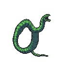 A striking pixel art image features a coiled, blue-green serpentine creature with a vibrant yellow-green interior, suggesting a mysterious and potentially dangerous being from the depths. The creature's unique bioluminescent-like accents and open mouth create a captivating and slightly menacing presence against the stark black void.