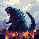 A colossal, dark blue Godzilla-like creature roars amidst a burning cityscape, its jagged dorsal fins and menacing yellow eyes conveying destructive power. The dynamic pose and fiery destruction evoke a sense of awe and terror.