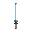 A pixel art sword, featuring a silver blade and teal hilt with reddish-brown grip, stands solitary against a black background. The simple design and muted tones suggest a display item or inventory icon.