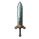 This pixel art showcases an ornate, battle-worn sword with a golden hilt and a light gray blade, hinting at tales of adventure and a legendary past. Its detailed craftsmanship and muted color palette create an elegant, antique feel.
