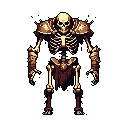 A pixelated skeletal warrior, clad in spiky shoulder pads and a tattered loincloth, stands ready for battle. Rendered in earthy tones, the figure evokes a sense of classic fantasy RPGs and ominous power.