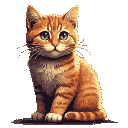 This pixel art depicts an adorable tabby kitten with pleading, light blue-green eyes, sitting patiently and exuding innocence. The warm color palette and simple composition create a gentle and endearing portrait of the feline subject.