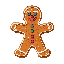 This pixel art image features a charming gingerbread man cookie with bright icing and colorful buttons, radiating a cute, festive, and nostalgic vibe. The cookie's simple design and cheerful expression make it an inviting treat.