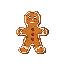 This pixel art image presents a cheerful gingerbread man cookie with white icing and red gumdrop buttons. Against a stark black background, the classic treat evokes nostalgic feelings of warmth and holiday cheer.