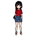 This pixel art depicts a cute, anime-inspired girl in a red shirt and denim shorts, standing in a relaxed, idle pose. Her wide eyes and simple design evoke a nostalgic, retro game vibe.