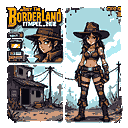 This pixel art showcases a rugged female character in a Borderlands-inspired wasteland setting. Dressed in post-apocalyptic gear and armed for survival, she embodies the resilience needed to navigate the desolate landscape. The image evokes a sense of adventure and determination in a harsh, unforgiving world.