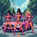 Three pixel-art women in matching vibrant pink outfits stand ready, armed with firearms in a verdant street. The central figure, with an assault rifle, takes point, suggesting a unified and bold squad.