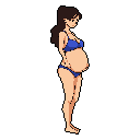 This pixel art portrait captures the serene anticipation of pregnancy, depicting a woman in profile gently cradling her baby bump. The limited color palette and focus on her form against a black background evoke a sense of intimacy and tenderness.
