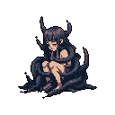 A pixel art figure, intertwined with dark tentacles, is depicted in a moment of quiet despair. The somber color palette and bowed head evoke vulnerability and introspection, hinting at a heavy burden or transformation.
